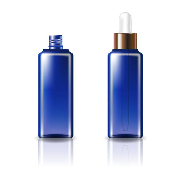 istock Blue clear cosmetic square bottle with white-copper dropper lid for beauty or healthy product. 1302064602