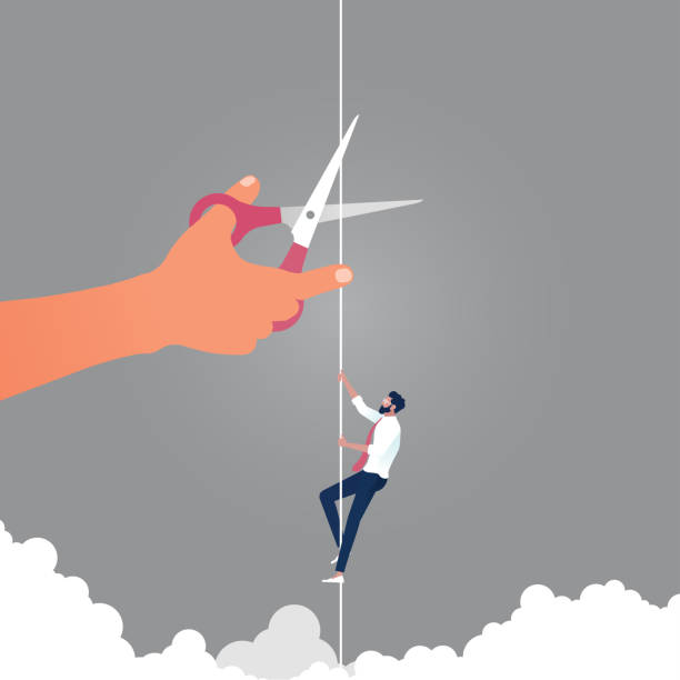 Business risk concept vector illustration. Competition in business Businessman climbing on rope and giant hand with scissors is cutting the rope, describe challenge, risk, obstacles, ambition, and danger sabotage stock illustrations