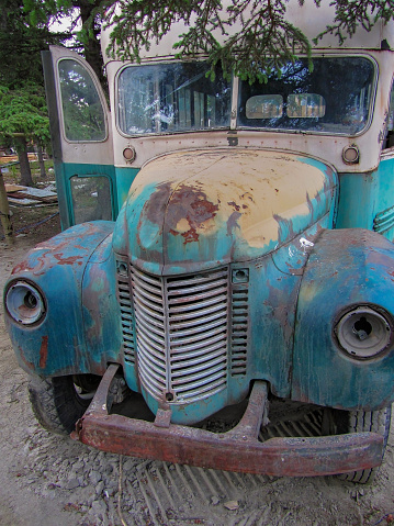 Abandoned green white bus, near Denali Visitor Center, Alaska, USA