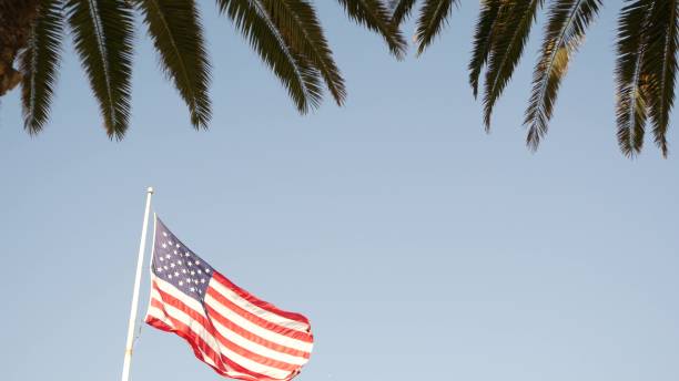 palms and american flag, los angeles, california usa. summertime aesthetic of santa monica and venice beach. star-spangled banner, stars and stripes. atmosphere of patriotism in hollywood. old glory - star spangled banner imagens e fotografias de stock