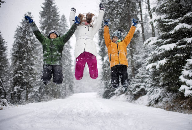 Free Stock Photo of Three friends jumping joyfully in the snow ...