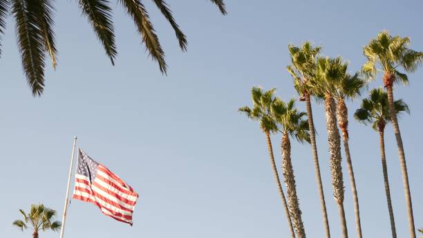 palms and american flag, los angeles, california usa. summertime aesthetic of santa monica and venice beach. star-spangled banner, stars and stripes. atmosphere of patriotism in hollywood. old glory - star spangled banner imagens e fotografias de stock