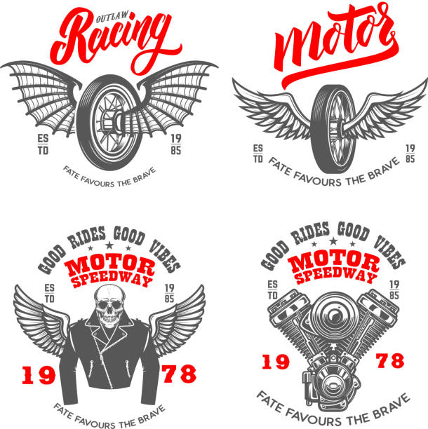 Set Of The Racer Emblems Winged Motorcycle Wheel Engine Biker Skeleton  Design Element For Label Sign Emblem Poster T Shirt Vector Illustration  Stock Illustration - Download Image Now - iStock