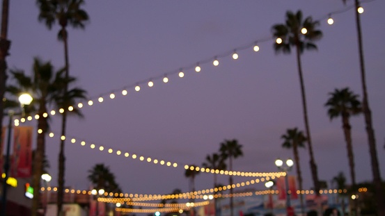 Defocused illuminated electric garland, palm trees silhouettes, Oceanside California USA. Ocean beach tropical pink sunset, pacific coast purple twilight sky. Los Angeles vibes. Bulb lights glowing.