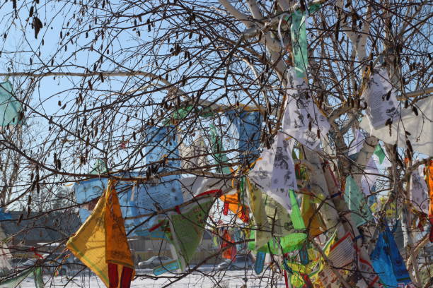 istock Buddhist Prayer Flags in Birch Trees Forest in Winter 1302068797