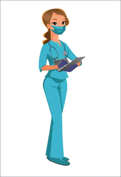 Vector illustration of medical worker in mask with laptop