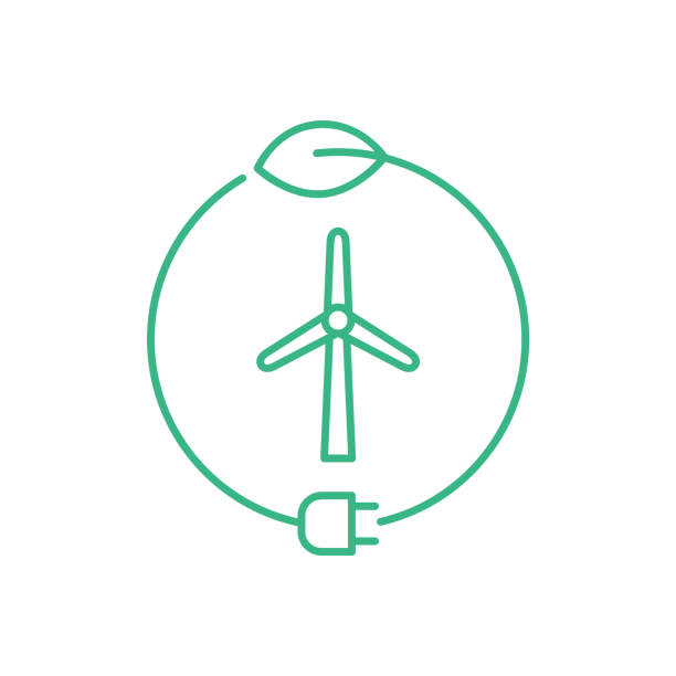 Wind energy logo. Windmill inside circle with a leaf and a plug. Green energy concept. Sustainable energy sources. Wind power symbol. Wind turbine electricity. Vector illustration, flat, clip art. air power stock illustrations