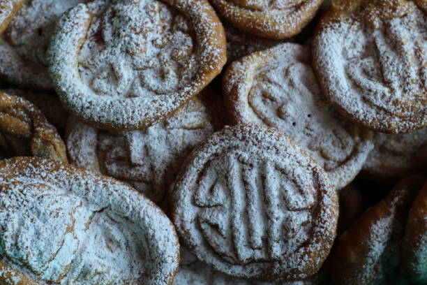 istock Baked Cookies with Powdered Sugar. Mongolian National Bakery with Ornament Close-up 1302071909