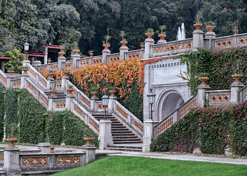 Trieste, Italy - November 03, 2020: Detail of a garden in a public park and terrace in the Miramare castle in Trieste, Italy.