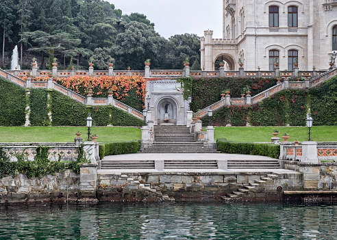 Trieste, Italy - November 03, 2020: Detail of a garden in a public park and terrace in the Miramare castle in Trieste, Italy.