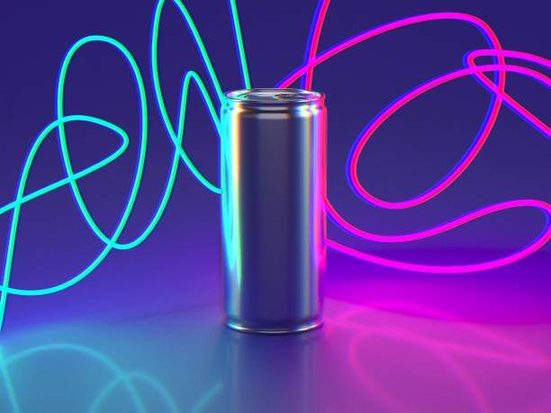 Energy drink 3d rendering mockup. Can of Energy drink and stylish chromatic aberration energy drink stock pictures, royalty-free photos & images