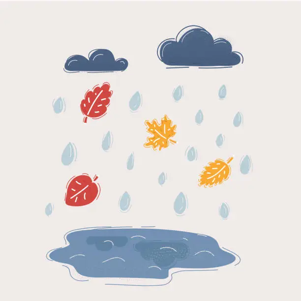 Vector illustration of Vector illustration of autumn and fall rain. Puddle, leaves, waterdrop and clouds on white background.