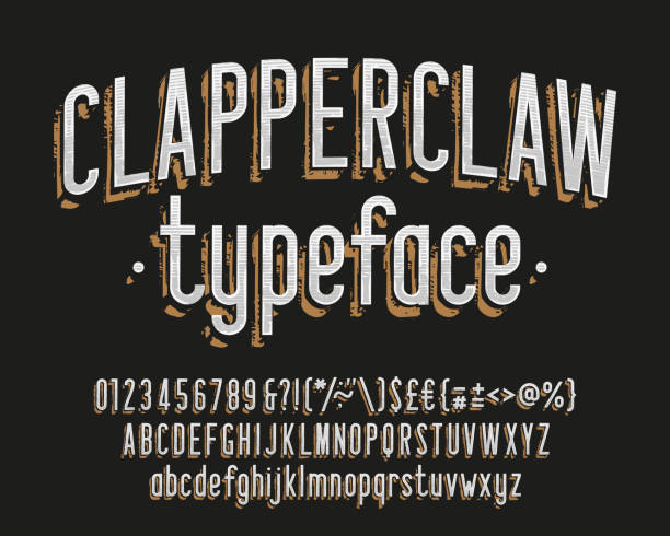 czcionka alfabetu clapperclaw. vintage wąskie litery, cyfry i symbole. wielkie i małe litery. - western script stock illustrations
