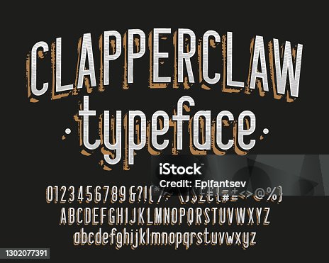 istock Clapperclaw alphabet font. Vintage narrow letters, numbers and symbols. Uppercase and lowercase. 1302077391