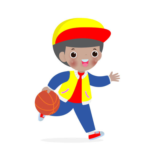 amerykański czarny dzieciak grający w koszykówkę na odizolowanym na białym tle, dzieci i sportowa ilustracja wektorowa - basketball little boys male young adult stock illustrations