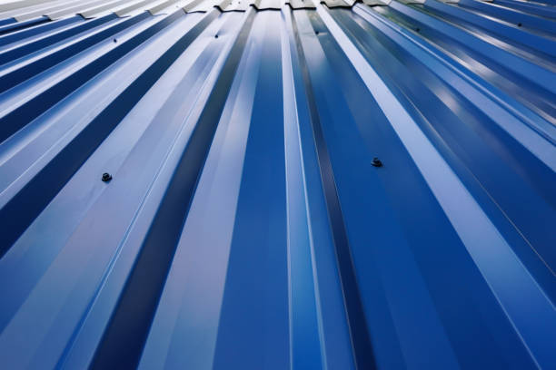 istock blue corrugate background and texture. blue metal sheet. 1302078420