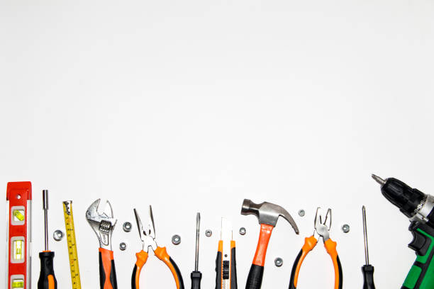 istock Group of used mechanical tools on a white background. With place for text, top view 1302079225