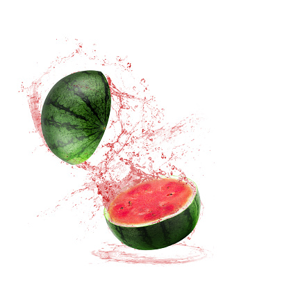 Water splashing on Sliced of watermelon on white background.