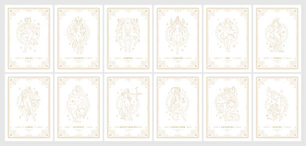 Zodiac womans horoscope signs linear silhouettes design vector illustrations set Zodiac womans horoscope signs linear silhouettes design vector illustrations set. Astrology symbols of esoteric female characters templates for cards or posters isolated on white background capricorn illustrations stock illustrations