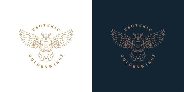 Flying owl with diamond logo template linear vector illustration Flying owl with diamond logo template linear vector illustration. Golden wild owl flying and gem silhouette as symbol of wisdom and knowledge outline style. Good for magic logotype or esoteric brand. owl stock illustrations