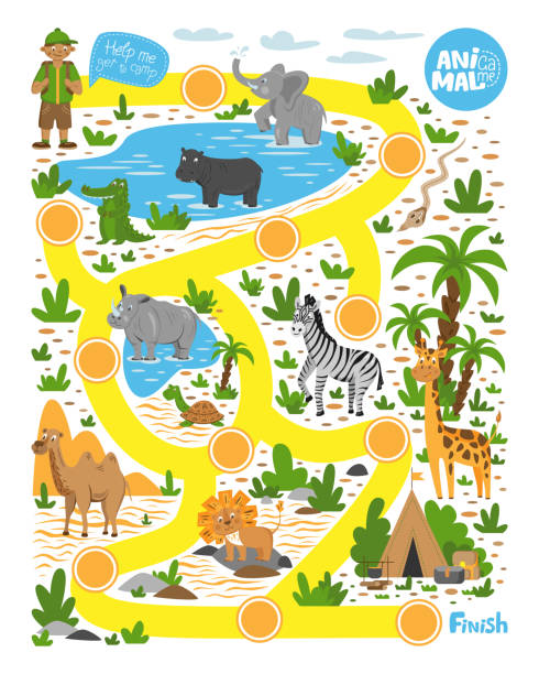 Labyrinth for children. Help the tourist find the way to the camp. Educational game. Wild animals Labyrinth for children. Help the tourist find the way to the camp. Meet the animals of Africa. Educational game for children. Wild animals desert safari stock illustrations