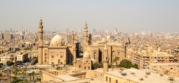 Panoramic view to the Rifai and Sultan Hassan Mosques in Cairo, Egypt, picture taken from Muhammad Ali mosque