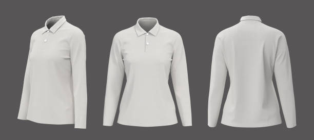 istock Blank long-sleeve collared shirt mockup, front, side and back views 1302083598