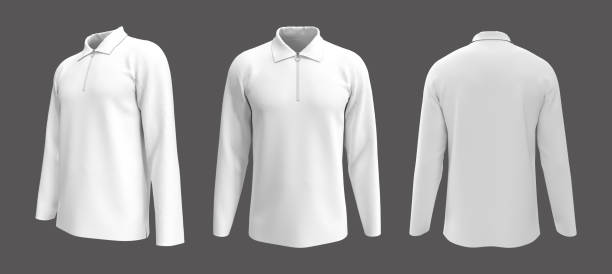 istock Blank collared shirt mockup with zip in front, side and back views 1302083605
