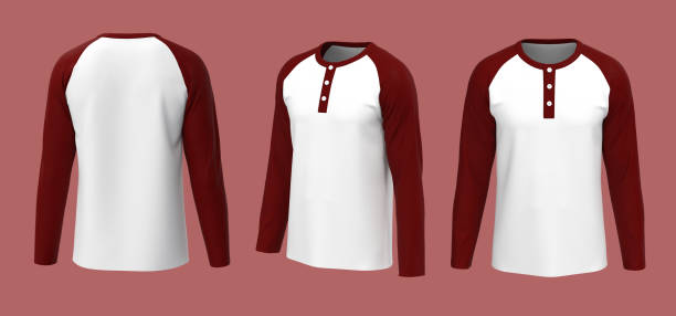 istock Raglan long-sleeve henley neck shirt mockup in front, side and back views 1302083623