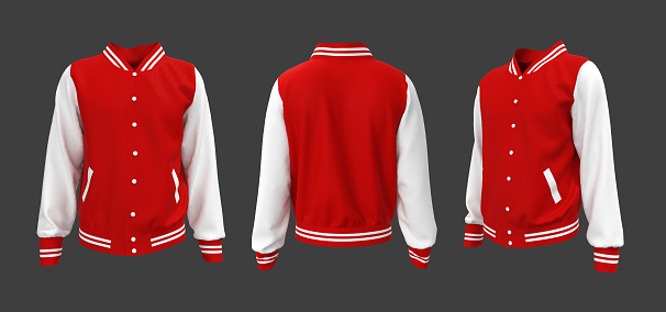 Varsity Jacket mockup in front, side and back views. 3d illustration, 3d rendering