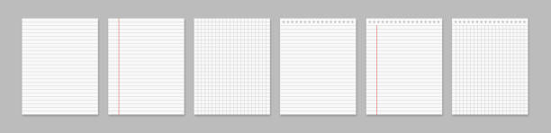 istock Collection of various white papers for your text. Blank pages of a notebook with margins isolated on gray background. 1302084633