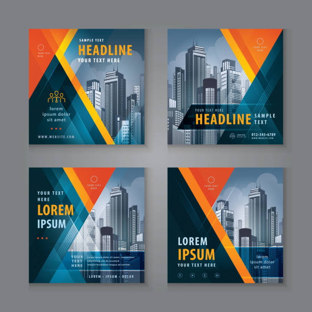 illustrazioni stock, clip art, cartoni animati e icone di tendenza di modello quadrato social media post design per il marketing digitale, sfondo astratto blu scuro e triangolo geometrico rosso - modello per social media