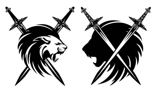 Vector illustration of roaring lion and crossed swords black and white vector design set