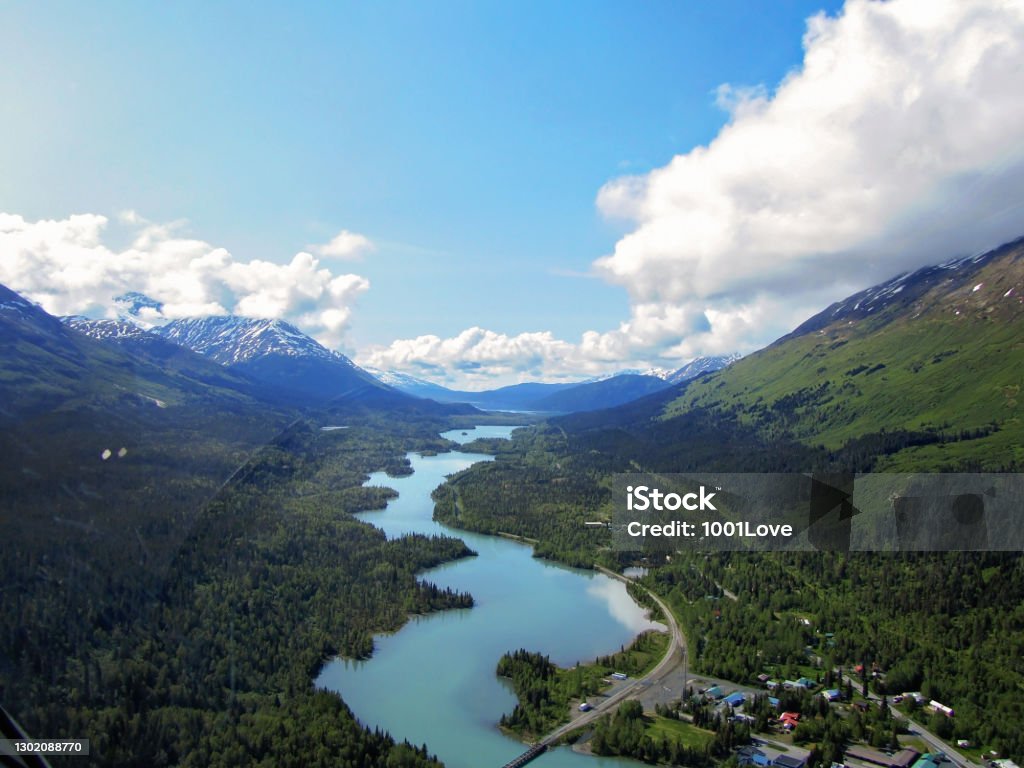 Aerial View of Lake and Mountains in Alaska, USA. Aerial View Stock Photo