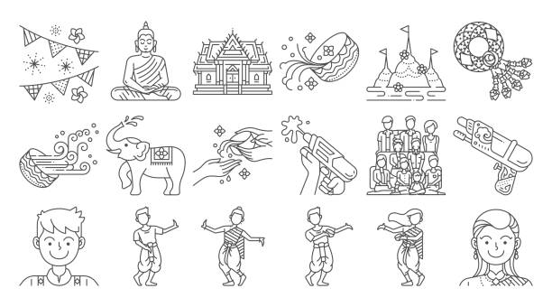 Songkran thailand festival linear icon Songkran thailand festival linear icon set. Thai water splashing festive day. thailand pagoda stock illustrations