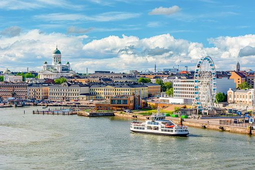 Helsinki cityscape with Helsinki Cathedral and port, Finland