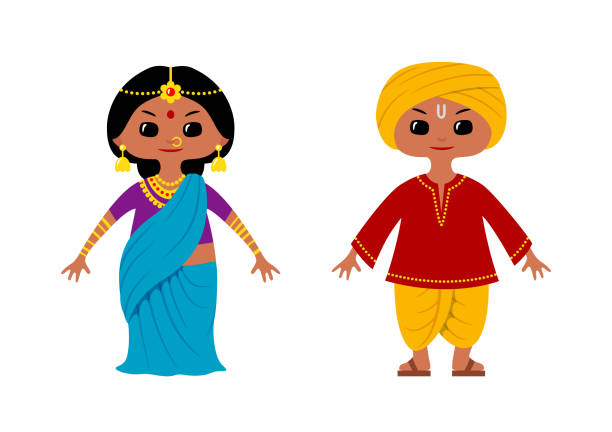 Two chibi style characters in traditional Indian costumes Two chibi style characters wearing traditional Indian costumes. Boy in dhoti, kurta and turban, and girl in blue saree. Isolated vector illustration Kurta stock illustrations