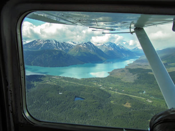 aerial view of katmai national park wilderness from sea plane with lakes and snow capped mountains - katmai peninsula imagens e fotografias de stock