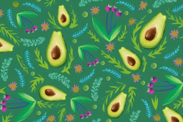 Vector illustration of Combination of avocado and decorative flowers