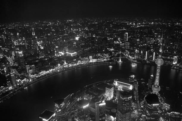 Shanghai flashing cityscape viewed from the tall Shanghai Tower at night, China