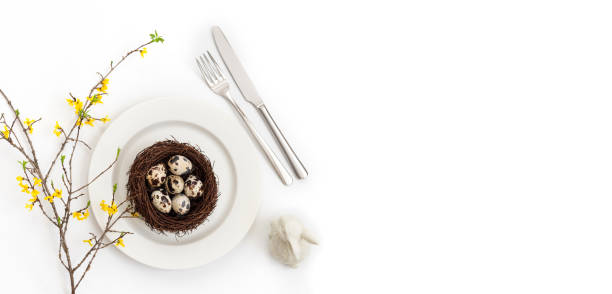 Easter table setting with quail eggs in a nest , a branch of yellow forsythia flower and a rabbit on a white background.