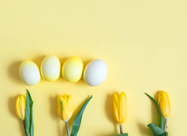 istock Easter decorations with yellow eggs and tulip flowers on a yellow background. Easter card. Space for text. Top view, flat lay. 1302099882