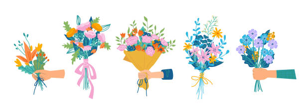 ilustrações de stock, clip art, desenhos animados e ícones de floral composition in bouquet, isolated set of hands holding flowers in blossom. botany and decoration. decorative botany, flora and branches with petals and leaves, vector in flat cartoon style - flower bouquet