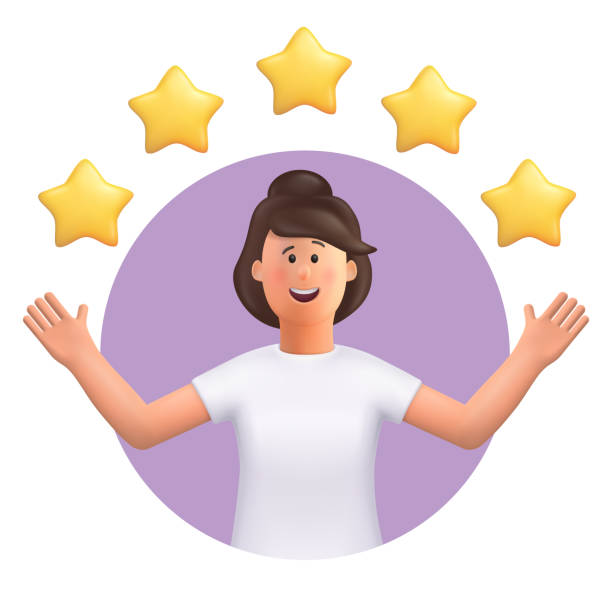 ilustrações de stock, clip art, desenhos animados e ícones de 3d cartoon character. young woman points to the stars, good review. customer review rating and client feedback concept. smiling cute brunette girl.  3d vector illustration. - white clothing illustrations
