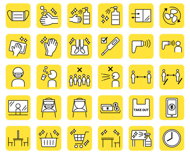 Anti-infection icons, pictograms that can be used in supermarkets and stores Illustration of measures against coronavirus infection office cubicle mask stock illustrations