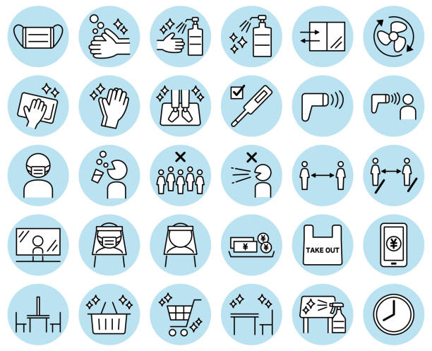 Anti-infection icons, pictograms that can be used in supermarkets and stores Illustration of measures against coronavirus infection office cubicle mask stock illustrations