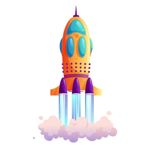 Vector illustration of Takeoff of rocketship, traces and clouds, shuttle flight isolated cartoon icon. Vector new project or business startup concept, exploration of cosmos and space, innovation technology, vehicle liftoff