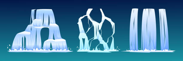 Set of waterfalls isolated on blue background. Vector nature fluid splash and drop. Falling river water or mountain fall, cascade aqua stream. Nature and flow landscape. Realistic hill fountain scene. Set of waterfalls isolated on blue background. Vector nature fluid splash and drop. Falling river water or mountain fall, cascade aqua stream. Nature and flow landscape. Realistic hill fountain scene. splash mountain stock illustrations