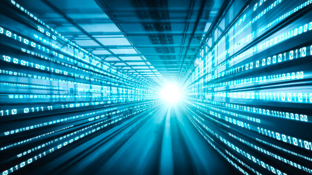 istock Digital data flow on road with motion blur to create vision of fast speed transfer 1302103524