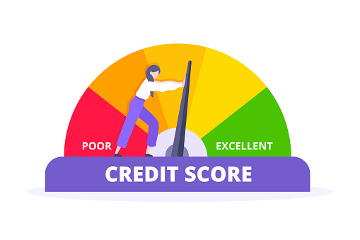 Woman pushes credit score arrow gauge speedometer indicator with color levels. Measurement from poor to excellent rating for credit or mortgage loans concept flat style design vector illustration.